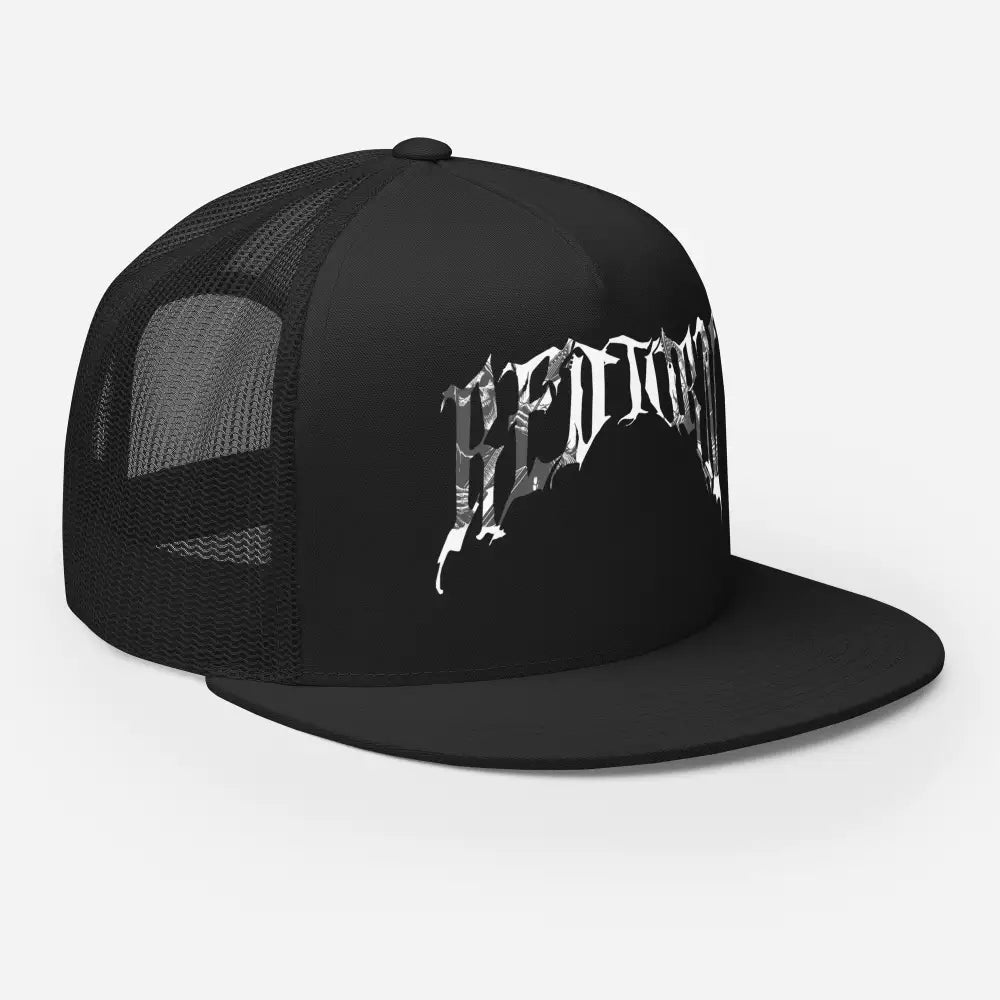 Black mesh trucker cap with white Sedona gothic logo, unisex headwear