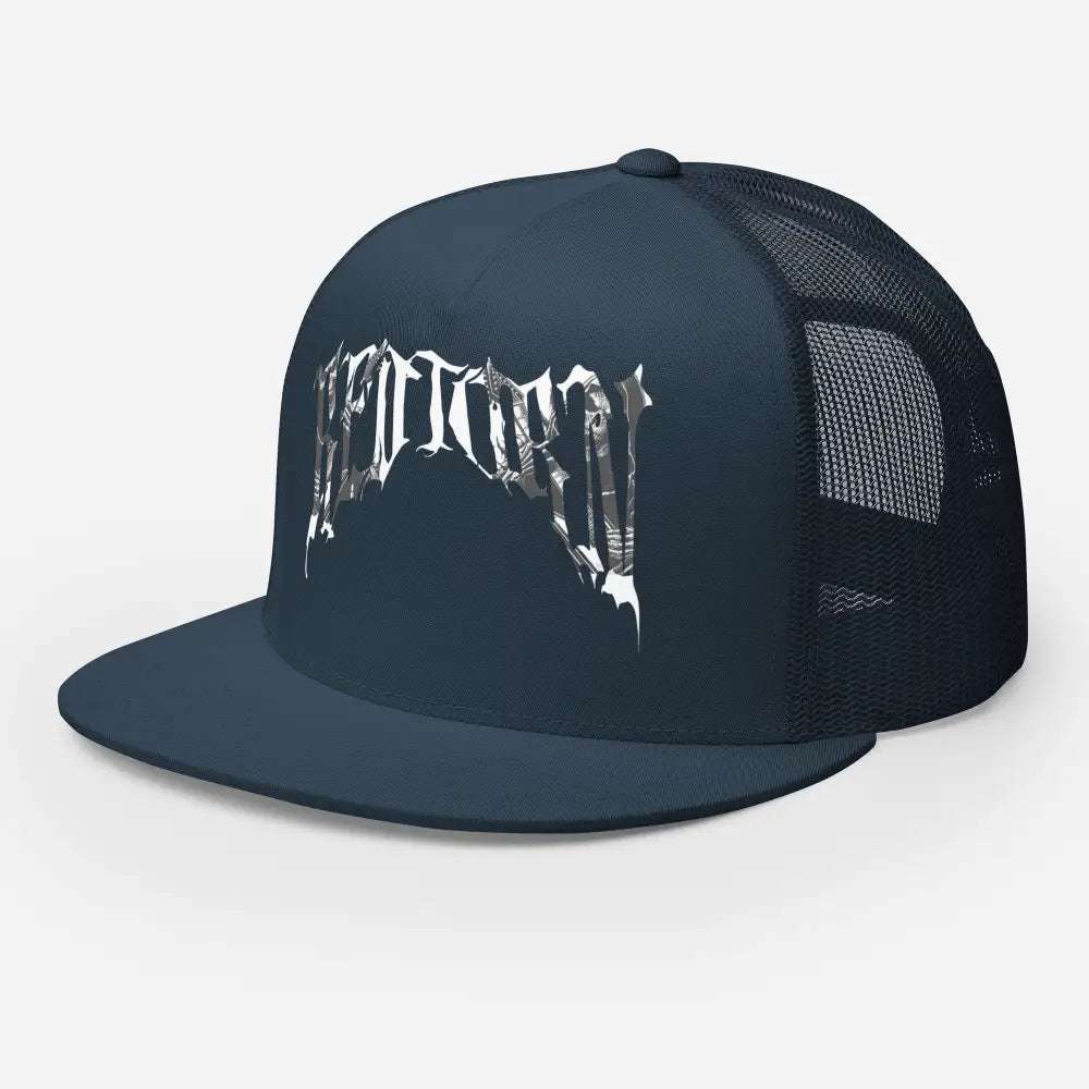 Black mesh trucker cap with silver Reapers gothic logo, unisex headwear