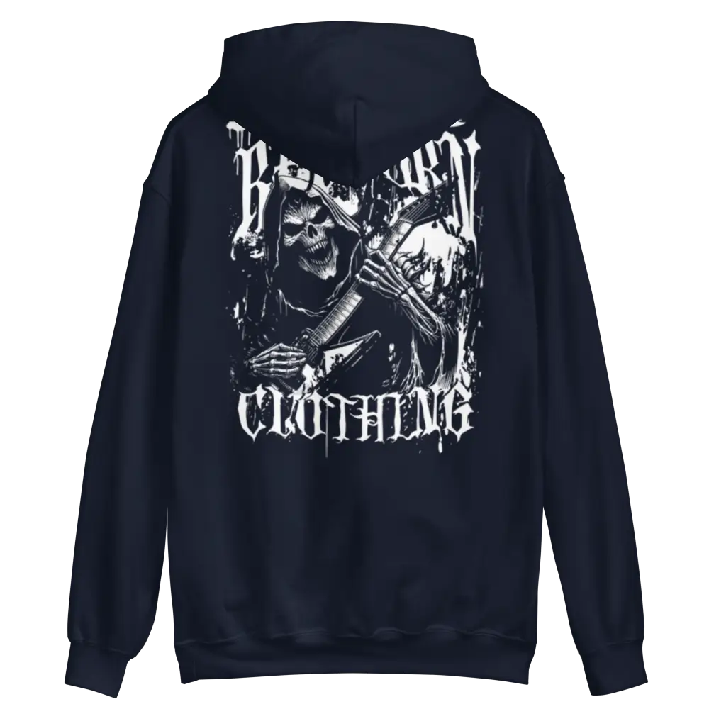 Navy blue unisex adult hoodie with white grim reaper graphic and Broken Clothing text