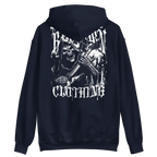 Navy blue unisex adult hoodie with white grim reaper graphic and Broken Clothing text