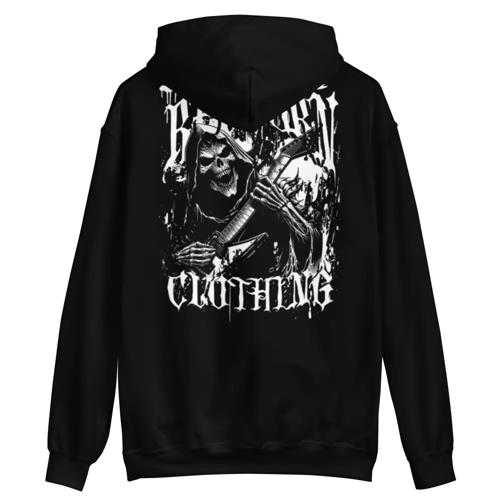 Skull graphic unisex adult hoodie with grim reaper design and The Broken Clothing text