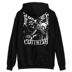 Skull graphic unisex adult hoodie with grim reaper design and The Broken Clothing text
