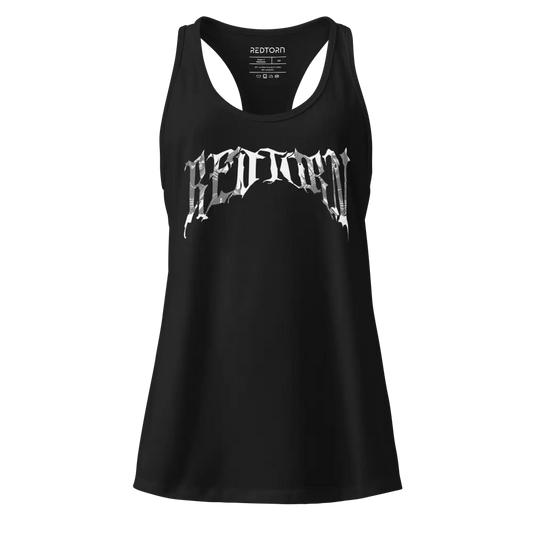 Bedtown womens rock-out racerback tank top with white graphic