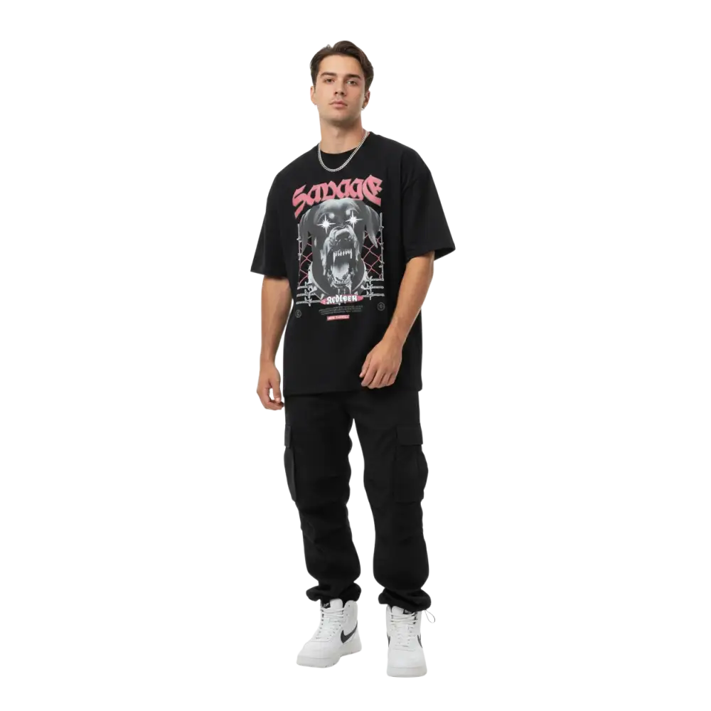 Savage Dog Graphic Tee: Black Unisex Adult Tee with Bold Pink and White Dog Illustration