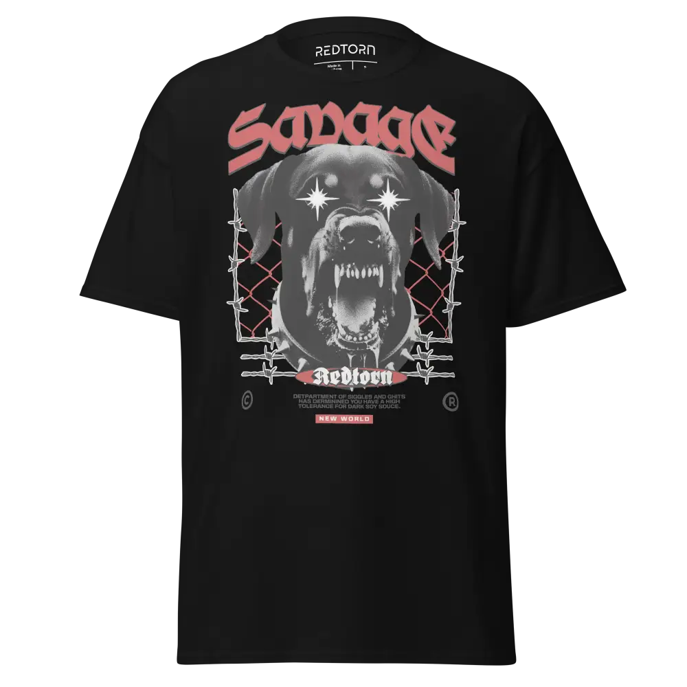 Savage Dog Graphic Tee: black unisex adult tee with red savage dog print