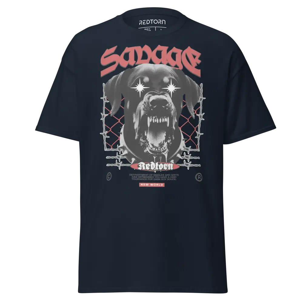 Savage dog graphic tee: navy blue unisex adult tee with fierce dog and red savage text