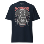 Savage dog graphic tee: navy blue unisex adult tee with fierce dog and red savage text