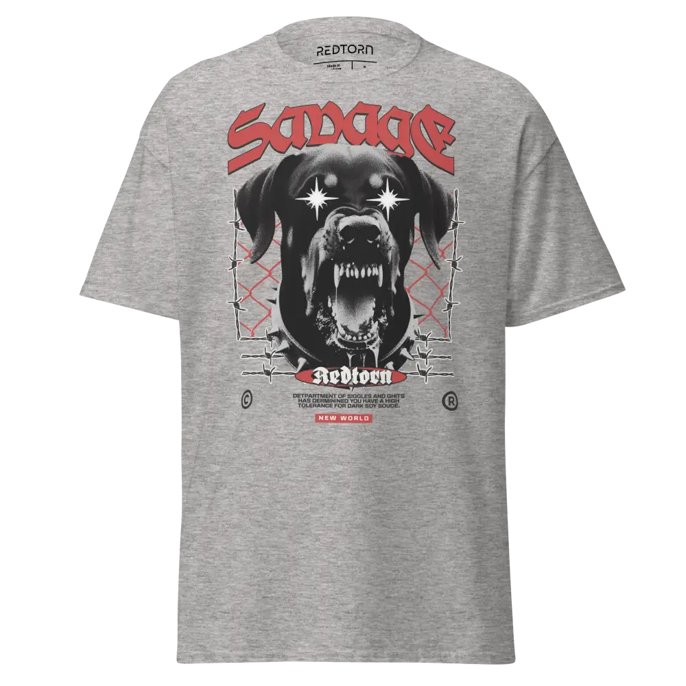 Savage Dog Graphic Tee: Grey Unisex Adult Tee with Black Dog and Sadboy Print