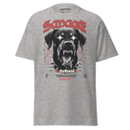 Savage Dog Graphic Tee: Grey Unisex Adult Tee with Black Dog and Sadboy Print