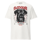 Savage Dog Graphic Tee: white unisex adult tee with black dog and barbed wire design