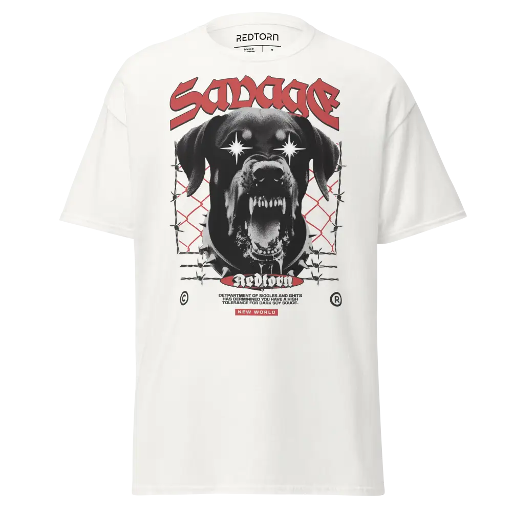 Savage Dog Graphic Tee: white unisex adult tee with black dog and barbed wire design