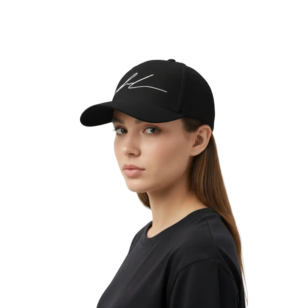Black flexi fit baseball cap with white embroidered signature logo
