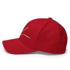 Red flexi fit baseball cap with white stitching and adjustable strap