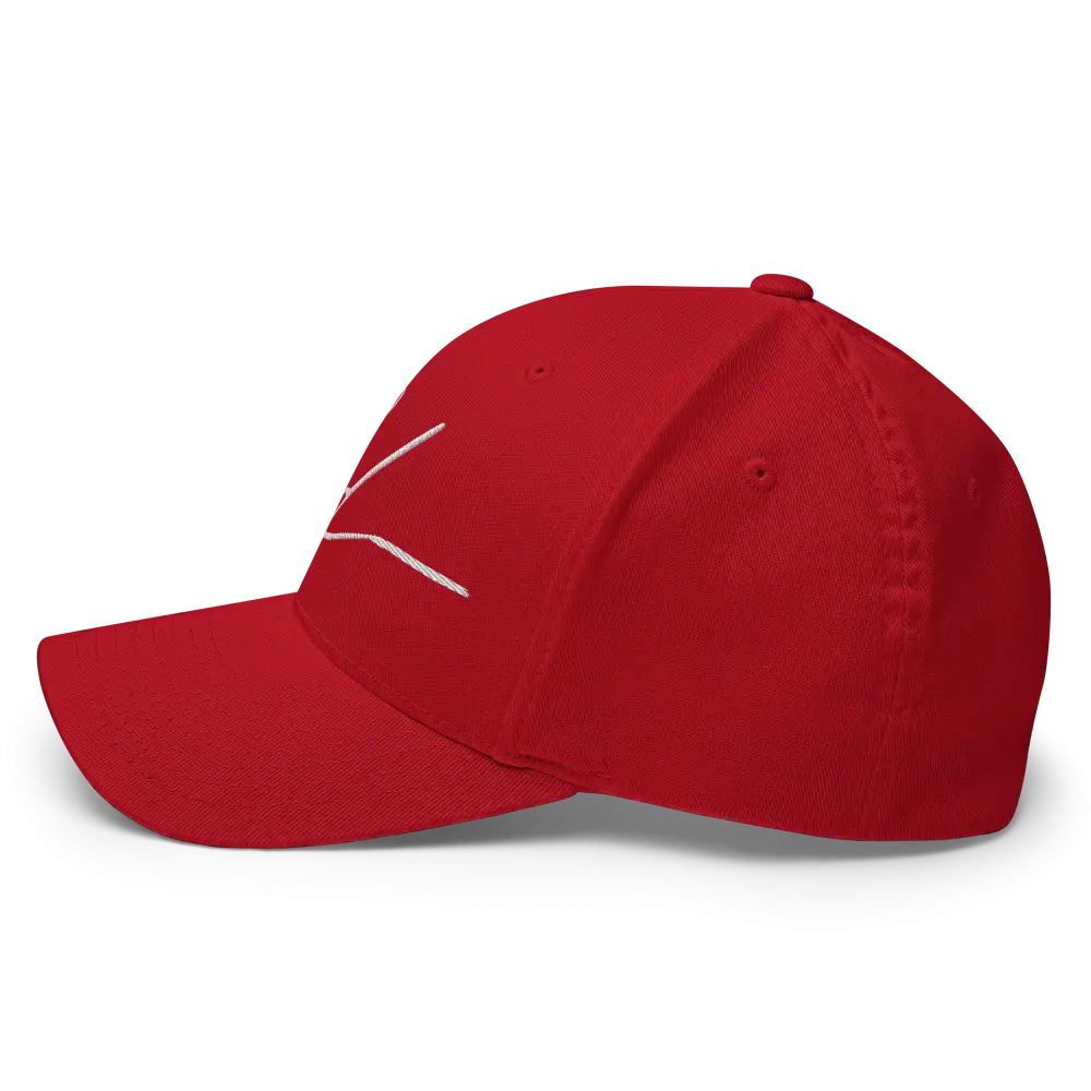 Red flexi fit baseball cap with white stitching and adjustable strap