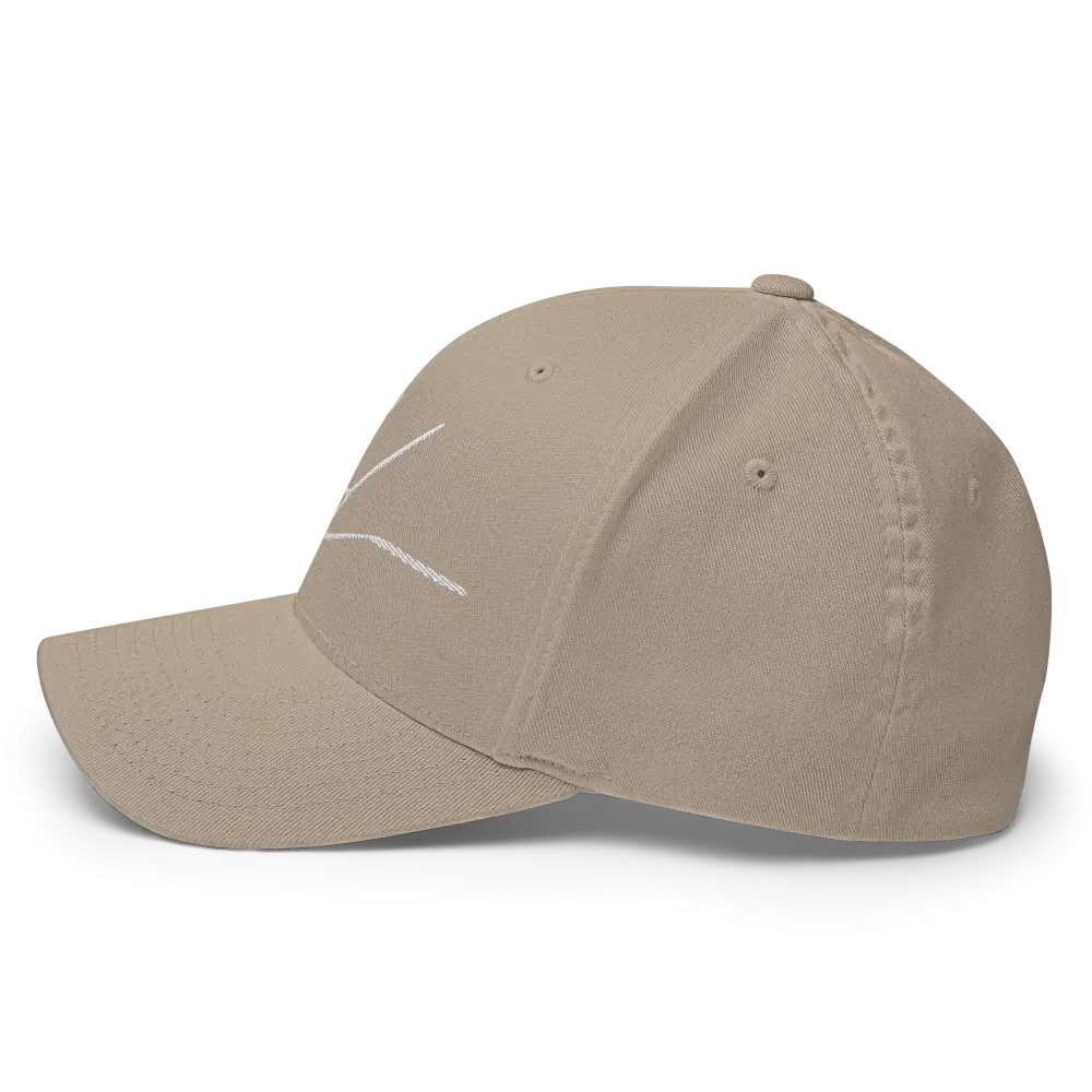 Beige flexi fit baseball cap with white stitching and signature logo
