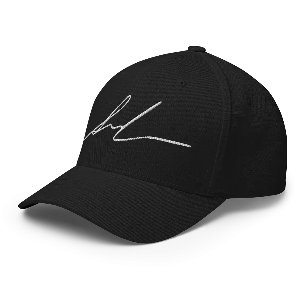 Black flexi fit baseball cap with white signature logo design