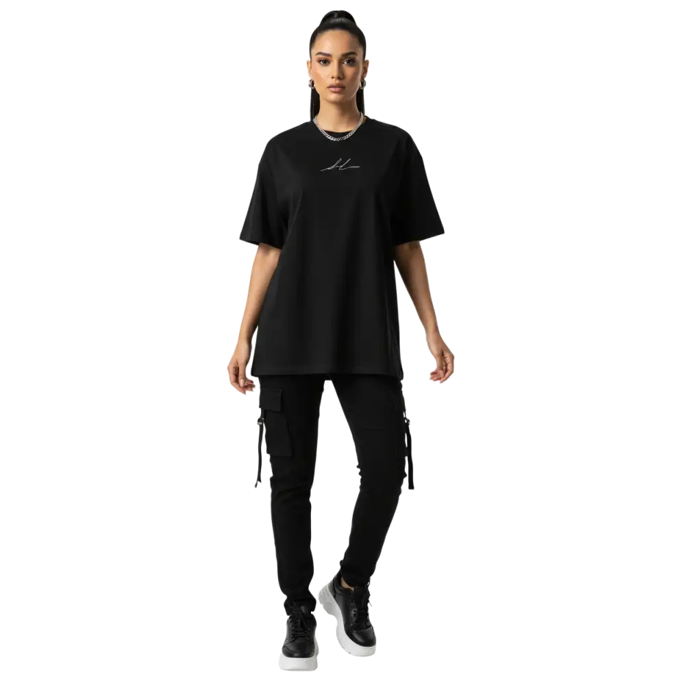 Black oversized cotton unisex classic tee with silver embroidered signature