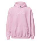 Light pink unisex adult hoodie with premium script logo in white