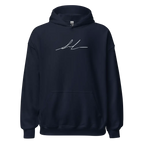 Navy blue signature logo hoodie with white premium script logo on chest