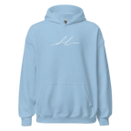 Light blue unisex adult signature logo hoodie with premium script logo on chest