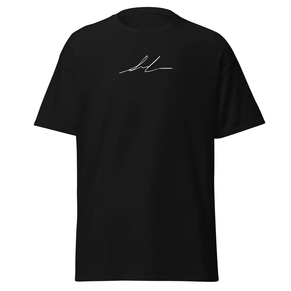Black cotton unisex classic tee with white logo, short sleeves, crew neck