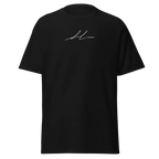 Black cotton unisex classic tee with white logo, short sleeves, crew neck