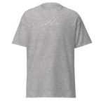 Heather gray cotton unisex classic tee with white logo on chest