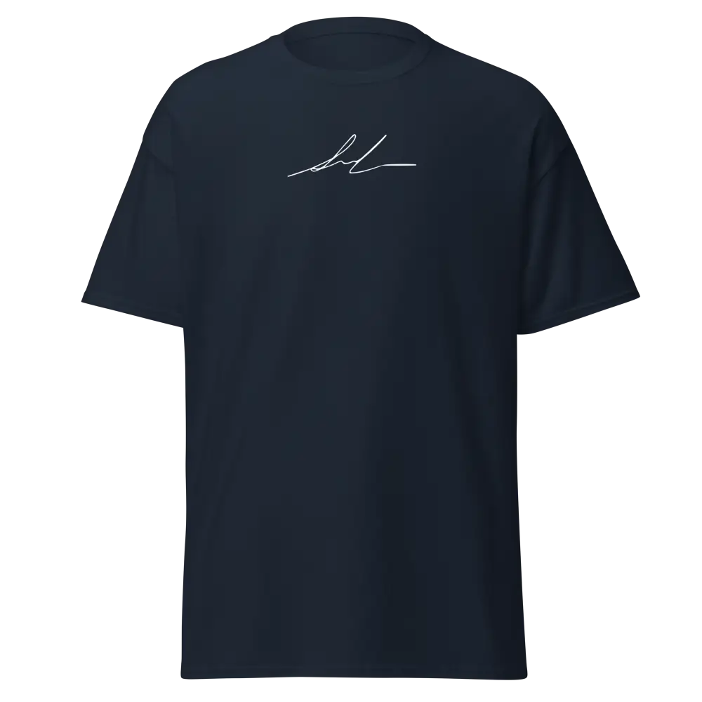 Navy blue cotton unisex classic tee with white logo graphic, short sleeves, crew neck
