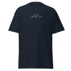Navy blue cotton unisex classic tee with white logo graphic, short sleeves, crew neck