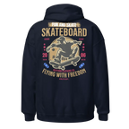 Navy blue Flying with Freedom unisex adult hoodie with skateboard graphic and fun and skate text