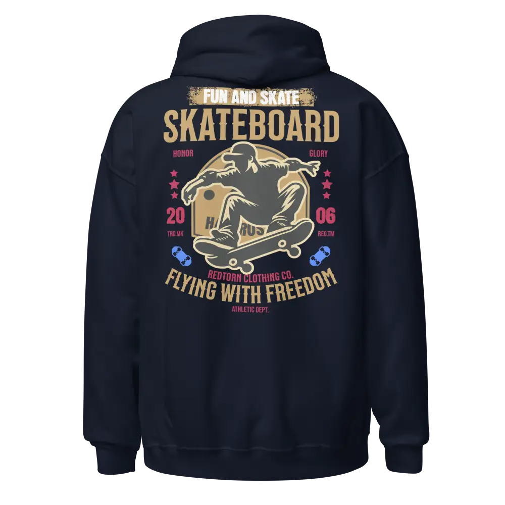 Navy blue Flying with Freedom unisex adult hoodie with skateboard graphic and fun and skate text