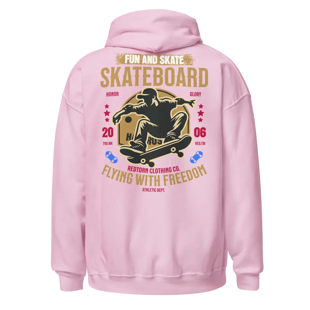 Pink unisex adult hoodie with Flying with Freedom skateboard graphic