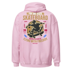 Pink unisex adult hoodie with Flying with Freedom skateboard graphic