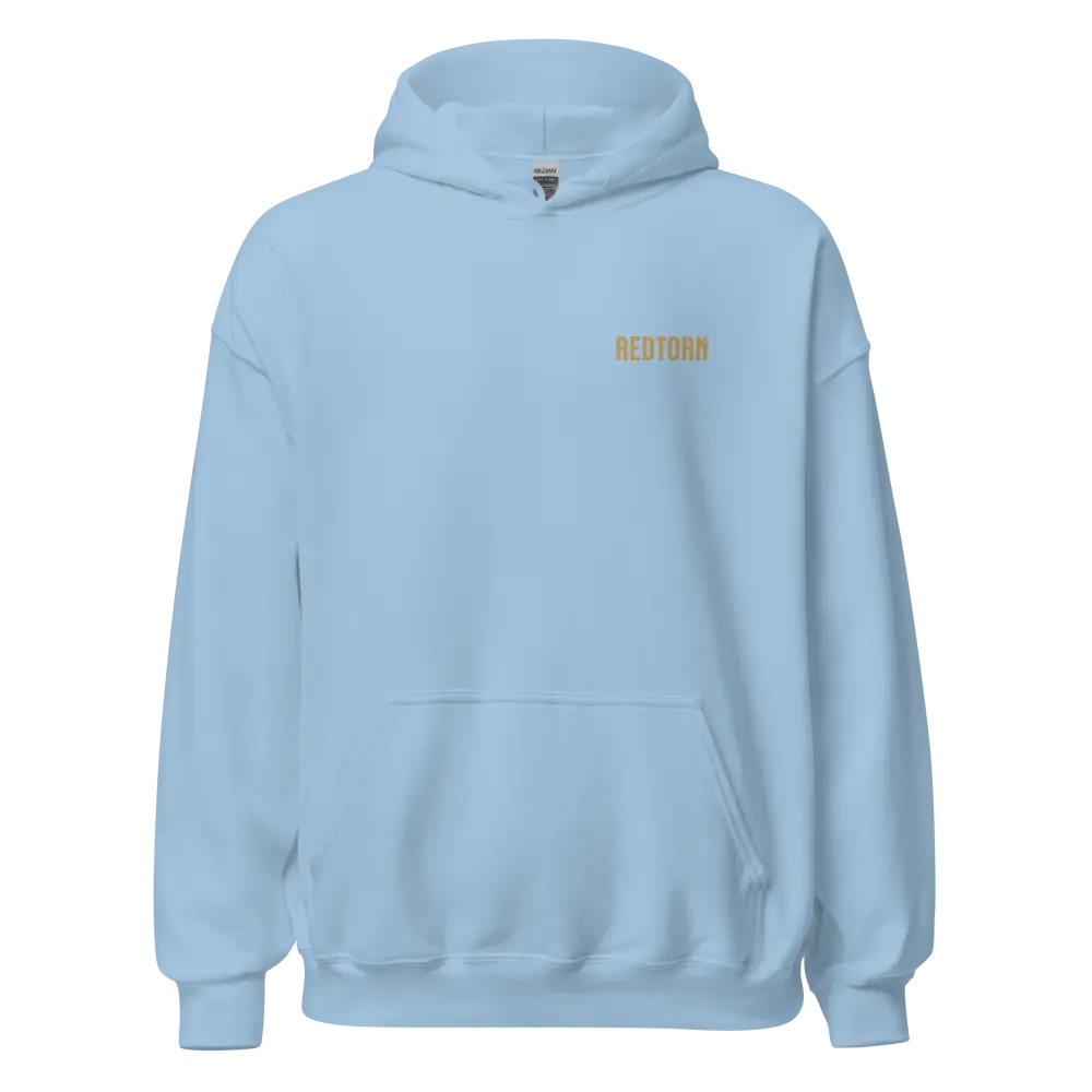 Light blue Flying with Freedom unisex adult hoodie with gold Bedjohn logo