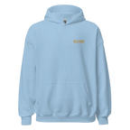 Light blue Flying with Freedom unisex adult hoodie with gold Bedjohn logo