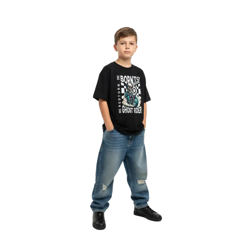 Unisex kids clothing graphic tee with skull check design and Ghost Rider motorcycle print