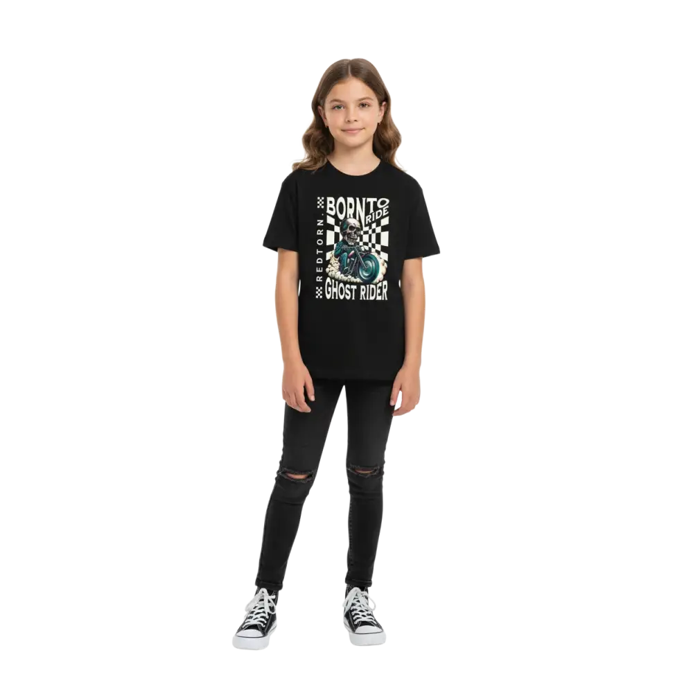 Skull Check Kids unisex graphic tee: skeleton on motorcycle, born to ride, ghost rider