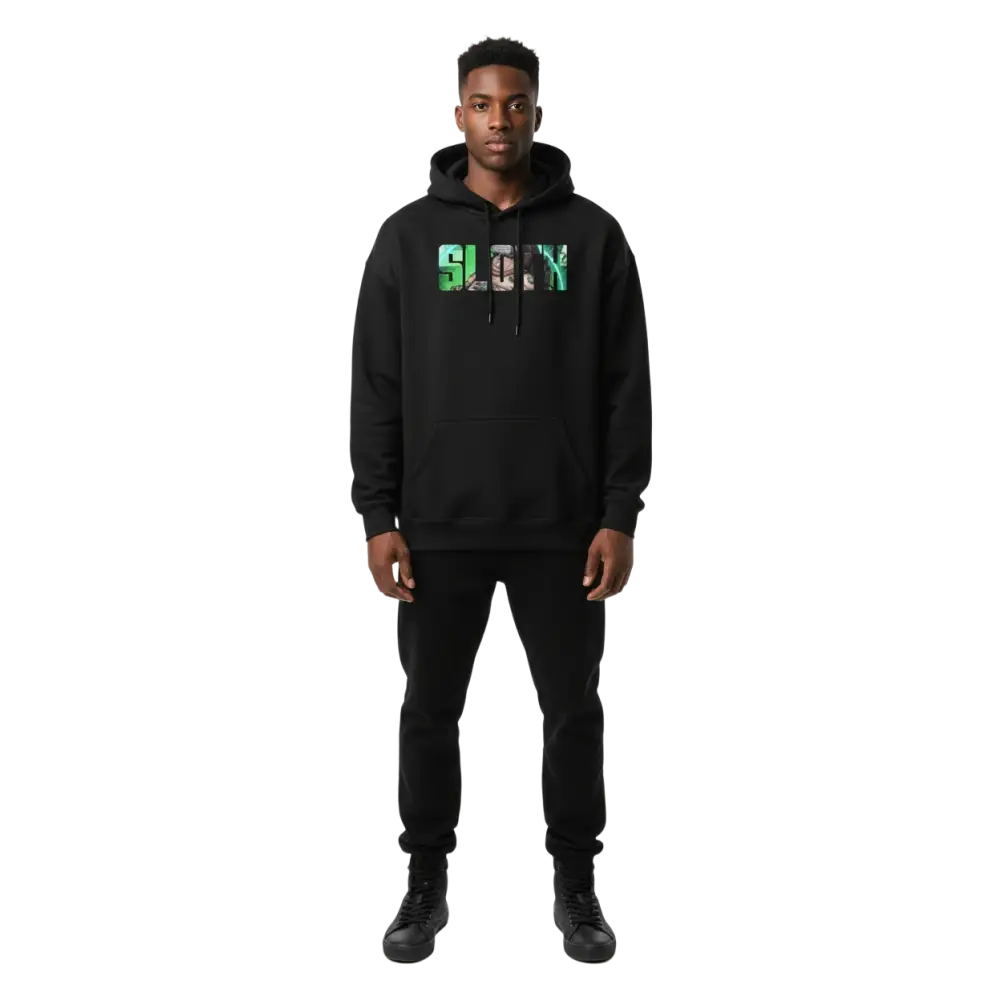 Sloth hoodie from Deadly Sins Collection with slow graphic in green and brown