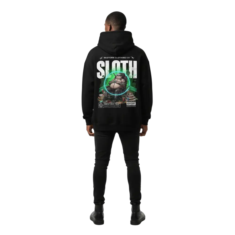 Sloth hoodie from Deadly Sins Collection: black with vibrant green sloth graphic