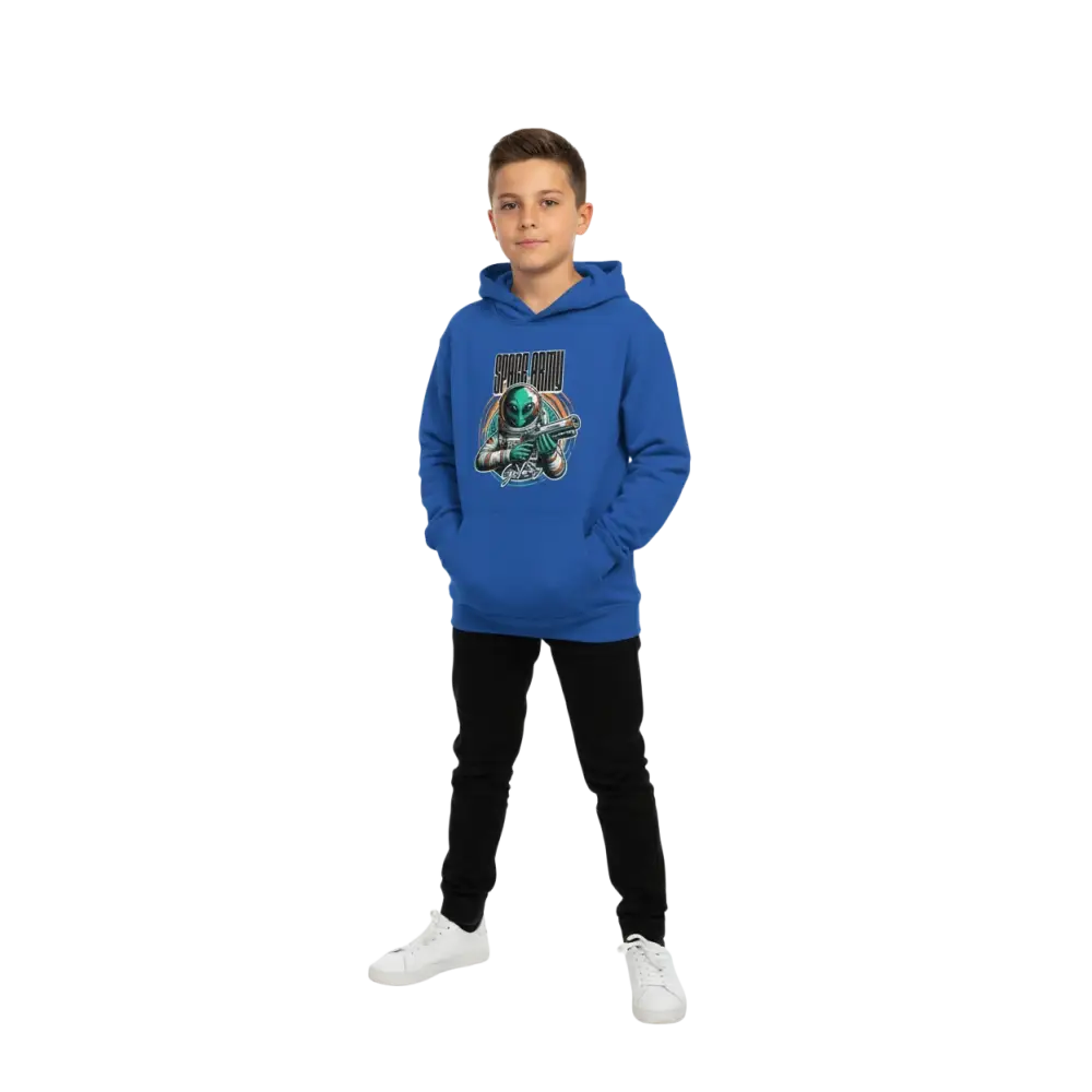 Blue kids graphic hoodie with green alien astronaut and space army text