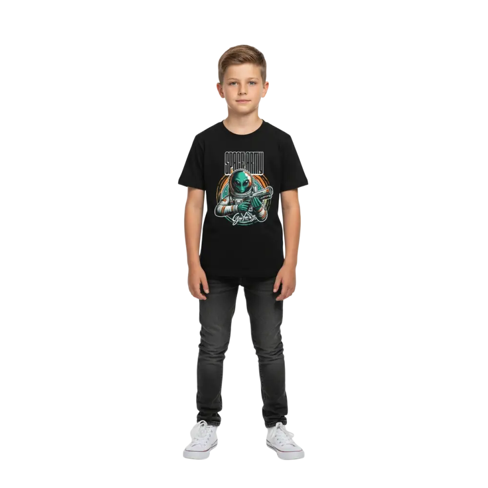 Alien astronaut kids tee with galaxy graphic of spaceman holding weapon