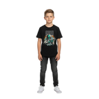 Alien astronaut kids tee with galaxy graphic of spaceman holding weapon