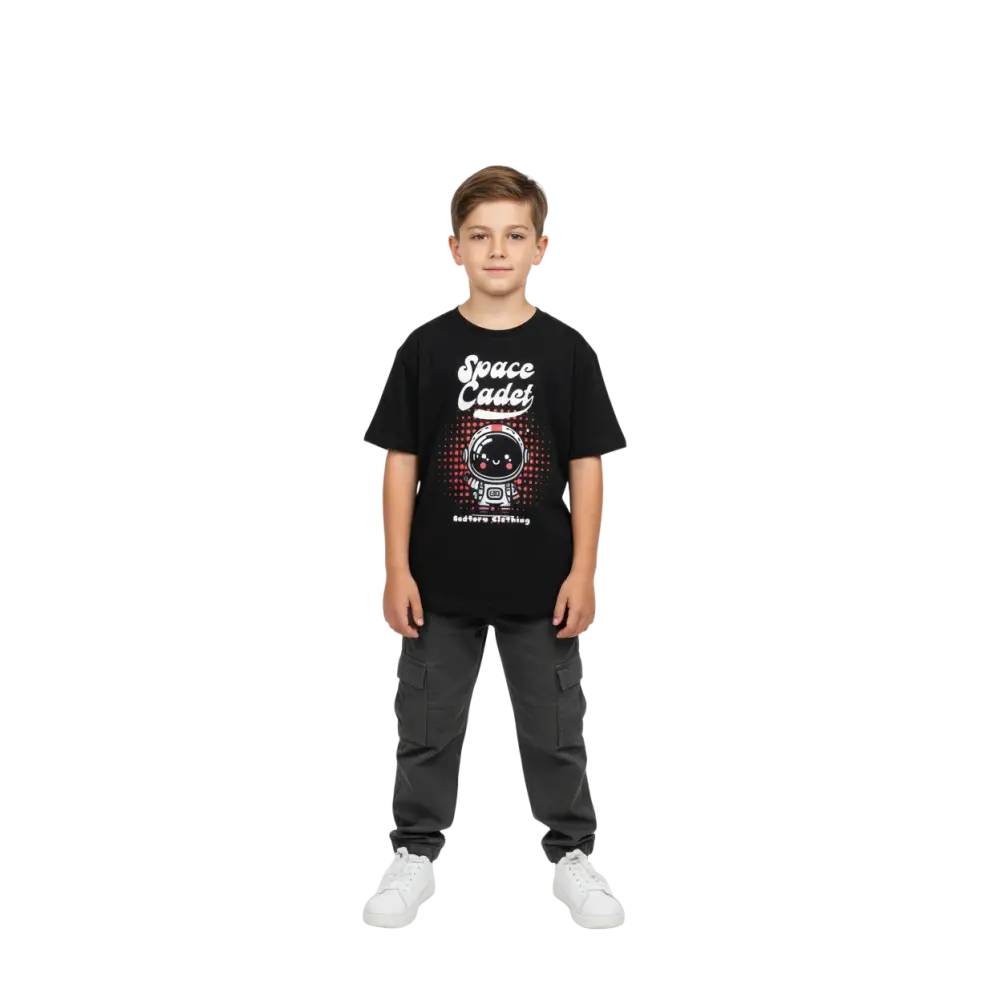 Space Cadet kids graphic tee with cartoon astronaut and red dots