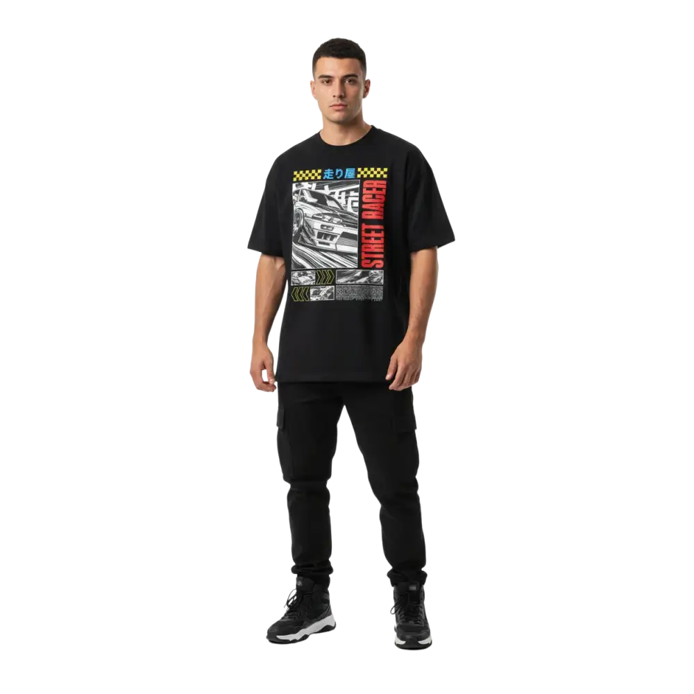 Street racer premium unisex tee with bold Japanese graphic and car print