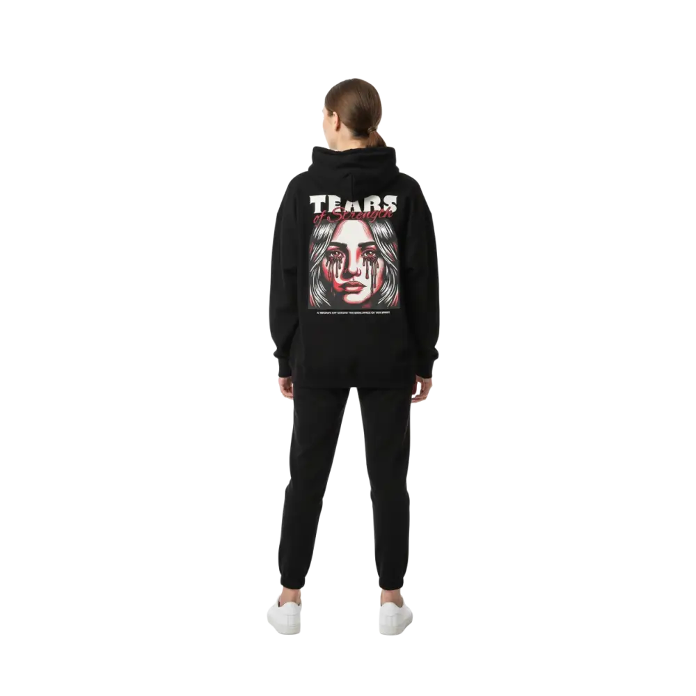 Tears of strength unisex adult hoodie with resilience graphic of womans face and tears of sorrow text on back