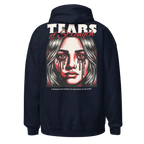 Tears of Strength unisex adult hoodie with resilience graphic of womans face and dripping blood