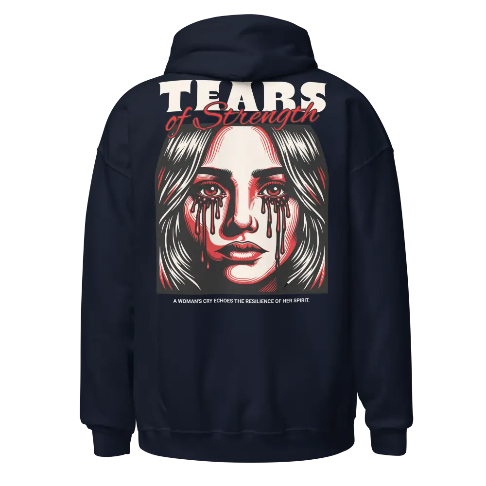 Tears of Strength unisex adult hoodie with resilience graphic of womans face and dripping blood