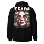 Tears of Strength unisex adult hoodie with resilience graphic of womans face and dripping blood