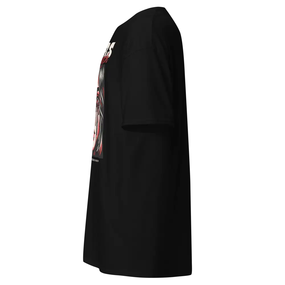 Crying woman graphic unisex adult tee with black leather jacket accents