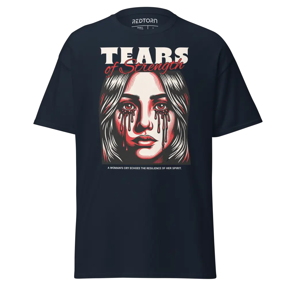 Navy blue crying woman graphic unisex adult tee with tears of strength shirt design